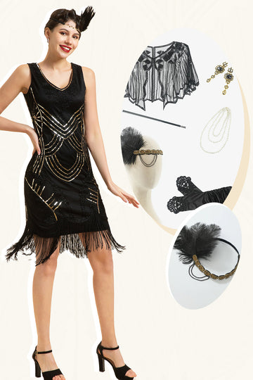 Preto Fringes 1920s Vestido Com 20s Acessórios Set